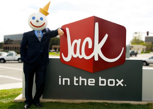 Jack in the Box Customer Survey featured image showing Jack leaning on the Jack sign, over in the box
