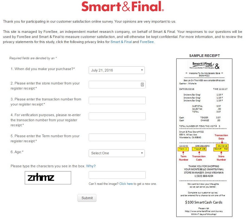 the first page of the smart and final survey