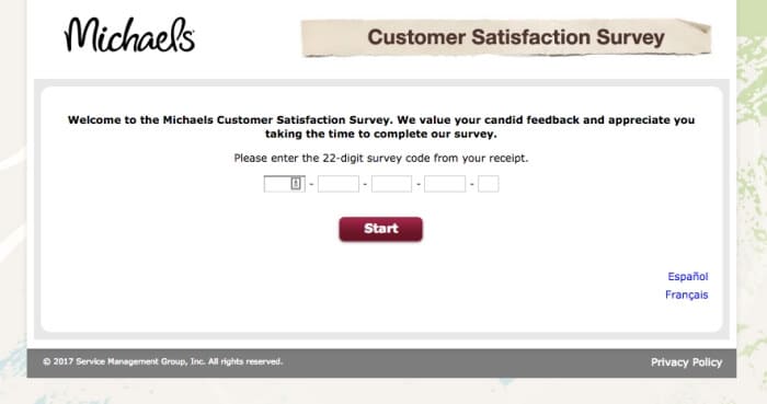 Michaels custmer satisfaction survey screenshot