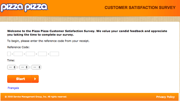 Pizza Pizza customer satisfaction survey page
